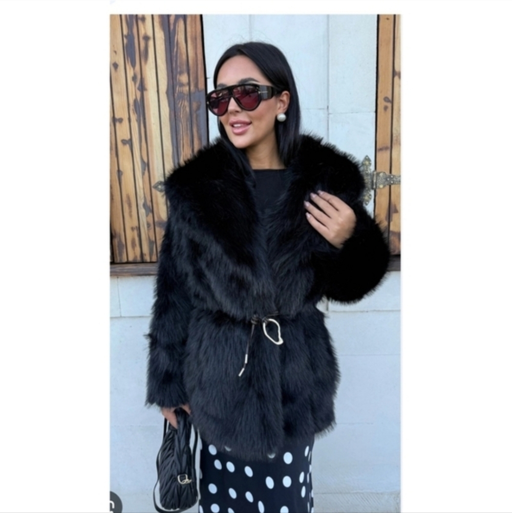 Zara Faux Fur Belted Coat Black